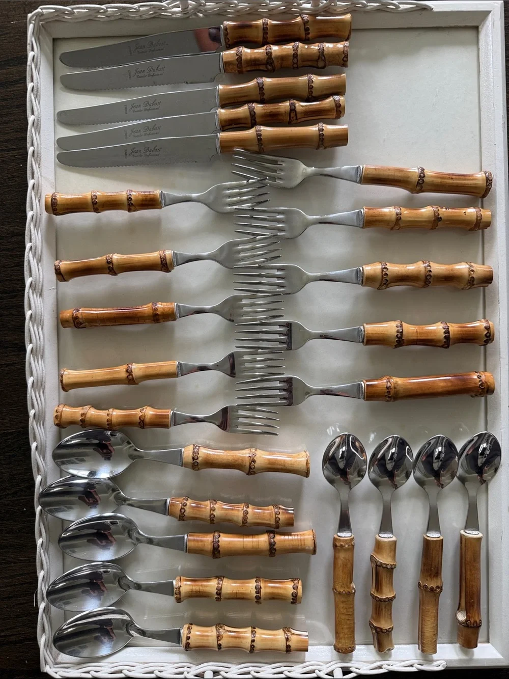 Jean Dubost France Bamboo Stainless Steel Tiki Flatware Set of 24